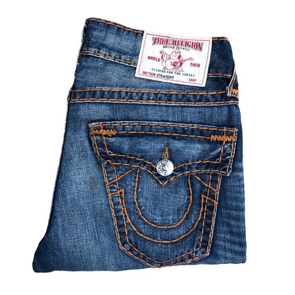 RARE Double Stitch True Religion Jeans Size 32 STRAIGHT SUPER T Blue - Picture 1 of 11